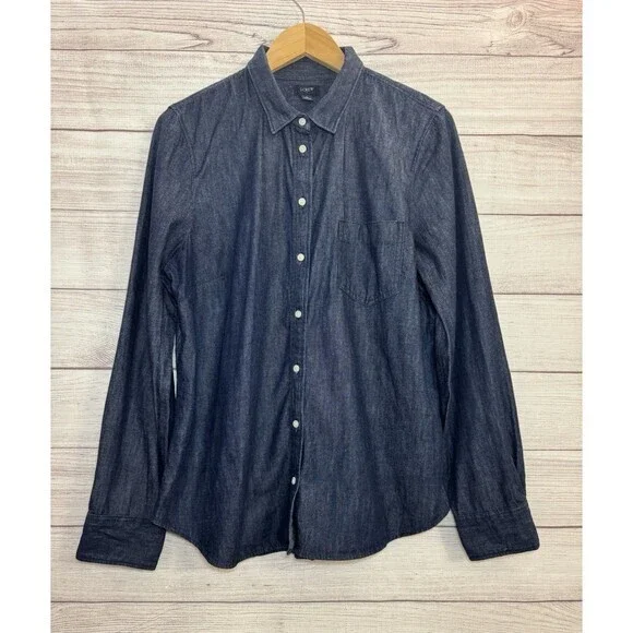 J Crew Women's Denim Blouse Dark Blue Button Up Long Sleeve Cotton SIZE LARGE - Picture 1 of 8